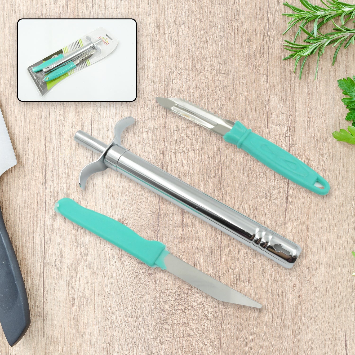Kitchen combo set with lighter, knife, and peeler Kitchen combo set with lighter, knife, and peeler
